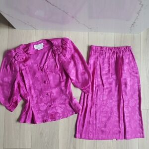 Flora Kung II Skirt Suit Womens S Pink Silk Floral Vintage Shoulder Jacket Set